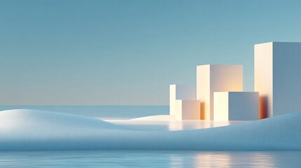 Fototapeta premium Minimalist scene abstract blocks on a reflective surface, under a clear sky