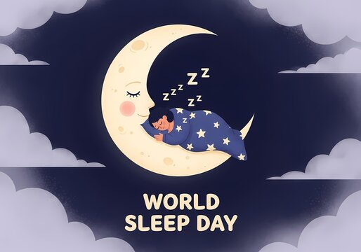 World sleep day concept with sleeping child on crescent moon, ideal for relaxation and wellness campaigns, sleep health promotion, and tranquil evening themes - Powered by Adobe