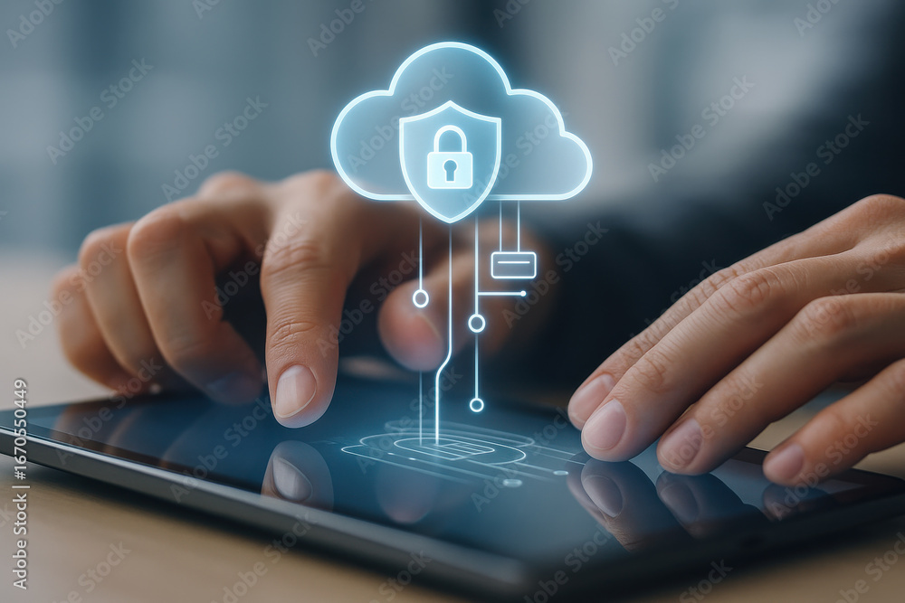 Poster cloud security concept with digital lock and shield icon over tablet device
