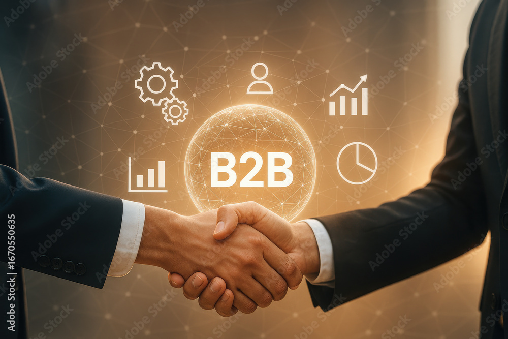 Poster b2b business handshake with digital icons and network connection background