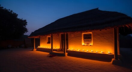 Diwali celebrations background with traditional house illuminated by diyas at night. Ideal for festive greetings, Indian culture events, and holiday marketing materials.