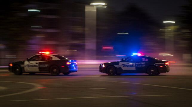Police cars in high speed pursuit at night with flashing red and blue emergency lights in an urban setting for law enforcement and crime response