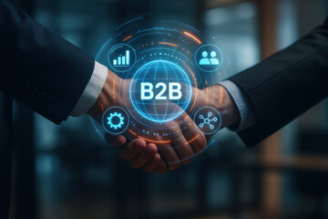 Business handshake technology concept with digital b2b icons glowing in office background