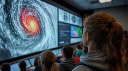 A group of students visit a hydrometric center and observe a large display showing a simulated hurricane. They are learning about weather patterns and the science behind storms - Powered by Adobe