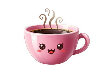 Cute kawaii pink coffee cup with happy face isolated on transparent background