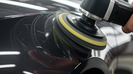 Car detailing and paint correction with electric buffer for polishing vehicle surface and removing scratches in auto repair shop maintenance
