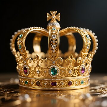 Close-up of a magnificent golden crown with colorful gemstones.