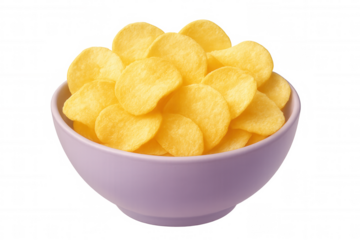 Purple bowl is overflowing with crispy golden potato chips, creating a tempting snack on a transparent background