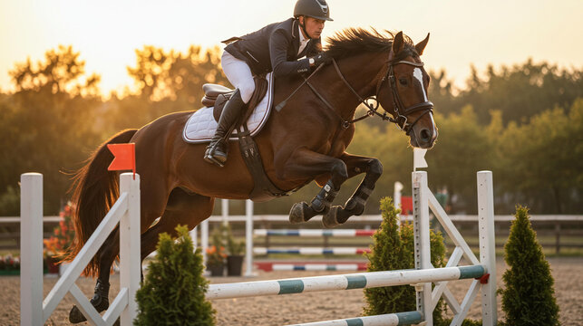 Equestrian, jumping and horse riding with athlete in competition on training ground for sport challenge, animal care and rider in action for championship, speed and equine agility outdoors