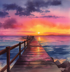 Obraz premium Watercolor painting of a wooden pier extending into the ocean at sunset