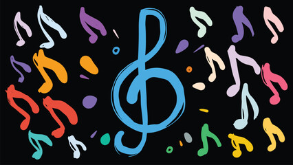 Fototapeta premium Bright musical composition with a blue treble clef surrounded by colorful notes. Festive and joyful abstract background full of rhythm.