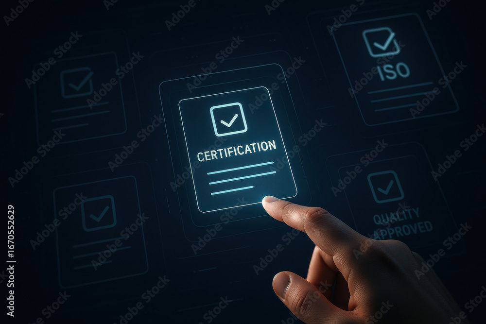 Poster certification concept with finger pointing on digital screen interface