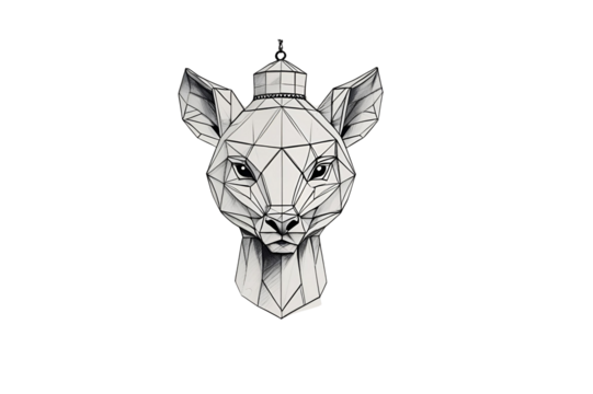 stylized geometric deer head sculpture in white and grey, no background