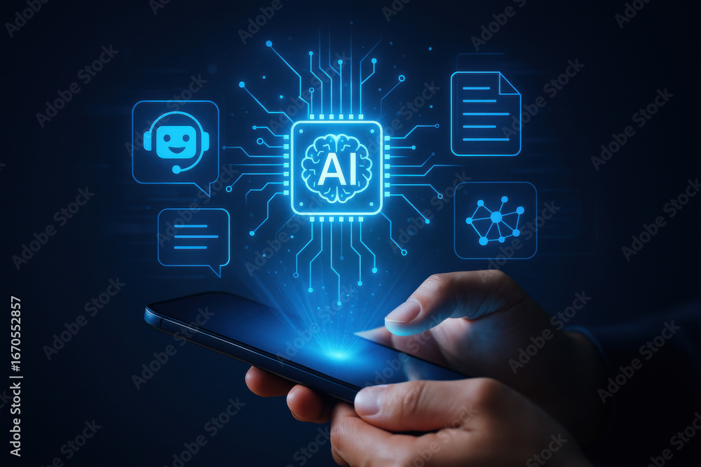 Poster artificial intelligence concept with glowing ai chip and digital icons above smartphone