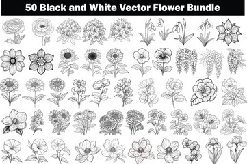 50 Black and White Vector Flower Bundle, Hand Drawn Floral Vector Collection, Botanical Black and White Vector Set, Detailed Vector Flower Illustrations.