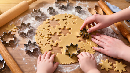 Mother and child making star-shaped cookies from dough using cutters, baking together on wooden table with flour and rolling pins