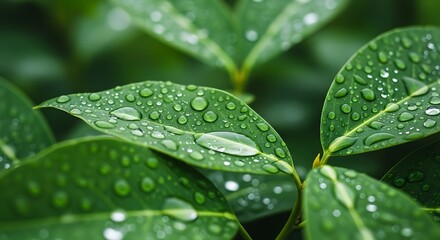 Fototapeta premium Fresh Green Leaves with Water Droplets.