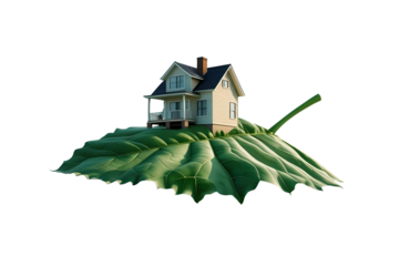 rustic white house on a large green leaf, no background