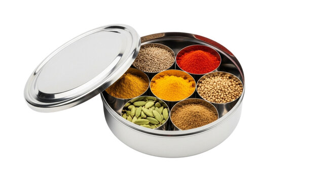 The Soul of Flavor An Authentic Indian Masala Dabba Spice Box with Turmeric Chili and Cardamom Isolated on White