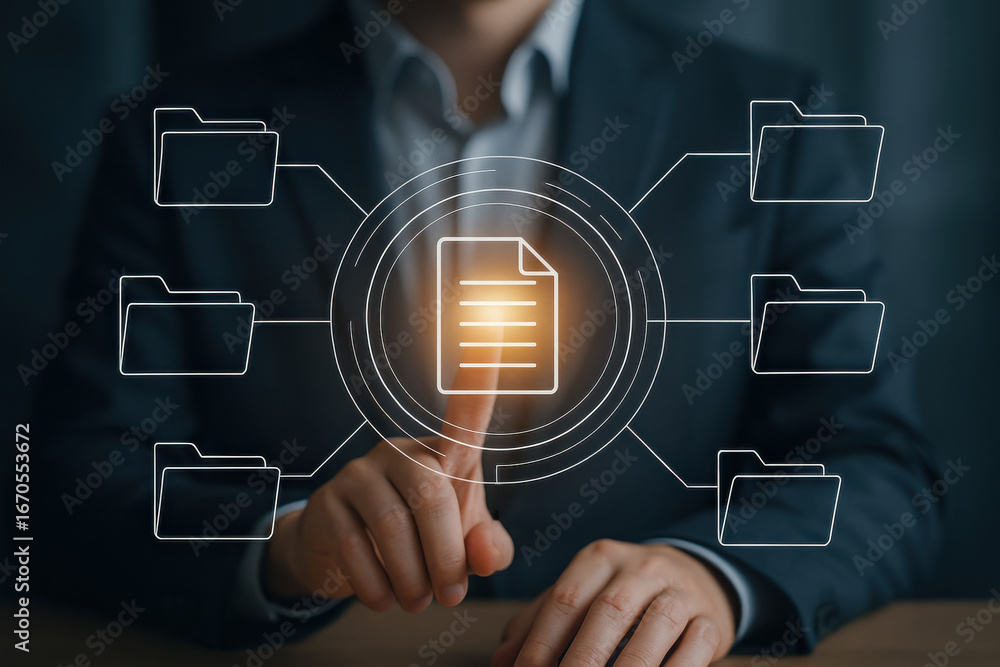 Poster digital document management concept with folder icons and person pointing on screen