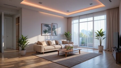 Spacious Modern Living Room with Elegant Furniture and Natural Light from Large Windows