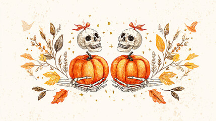 Halloween illustration: of two small orange pumpkins held skeleton hands.Above pumpkins two skulls with bows, and autumn leaves scattered around: orange, yellow, brown. AI generated.