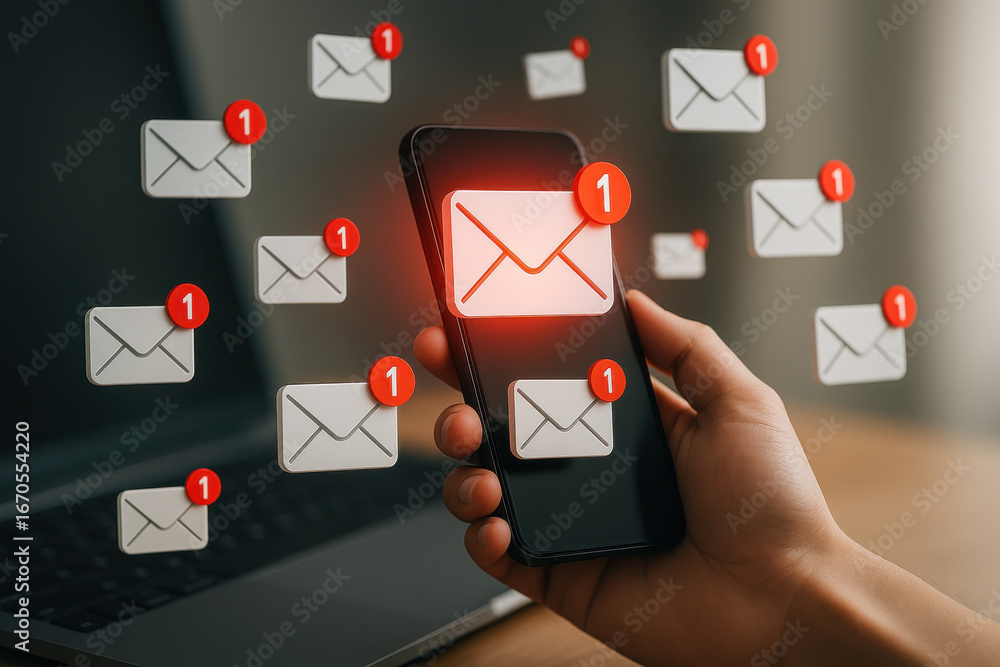 Poster new message notifications on smartphone screen held by hand with laptop in background
