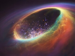 Obraz premium Breathtaking Digital Painting of a Luminous Galactic Core Surrounded by Swirling Multicolor Nebula and Radiant Star Cluster in Deep Space