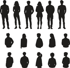 A Big bundle of human black silhouettes vector illustration, Diverse Human Silhouette Vector Set, People Silhouettes Collection, Male and Female Figure Silhouettes