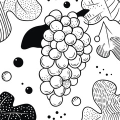 Grapes and Leaves Black and White Pattern, Hand Drawn Grapes and Foliage Sketch, Stylized Grapes Vector Illustration.