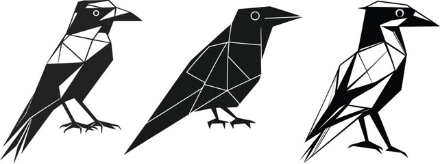 Black and White Stylized Bird Symbol, Geometric Raven Vector Logo Set, Modern Abstract Crow Illustration,