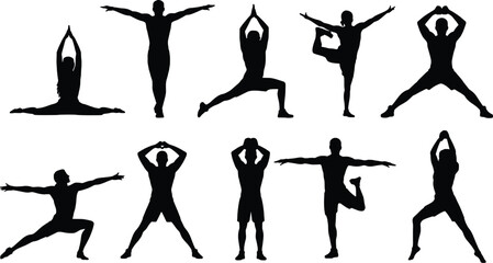 Silhouettes of people performing various yoga poses and stretching exercises