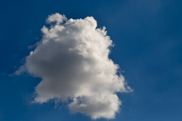 White uniquely shaped cloud floats alone in blue sky, cumulus white cloud on a bright sunny day in...