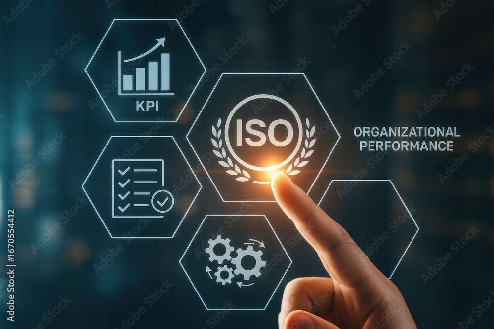 Aufkleber iso certification concept with finger pointing digital interface for organizational performance