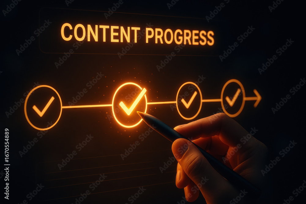 Poster content progress concept with hand holding stylus and check marks glowing on screen