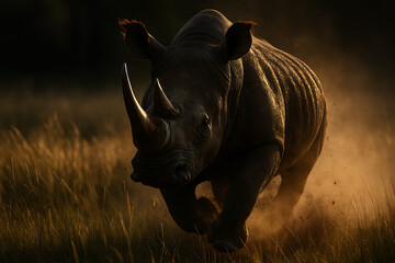 Obraz premium White Rhinoceros Running Through Savanna Grass