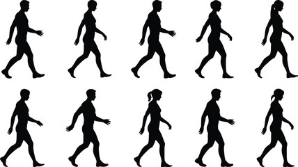 Set of male and female silhouettes walking in sequence
