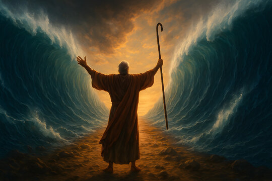 Moses parting the red sea biblical illustration, spiritual religious concept art dramatic ocean waves miracle depiction, ancient scripture story artistic fantasy scene faith divine power worship inspi