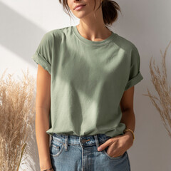 Lifestyle mockup of woman wearing sage green t-shirt with denim jeans