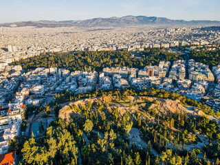 Aerial landscape from Neapoli Kolonaki neighborhood near Lycabettus Hill winter in Athens