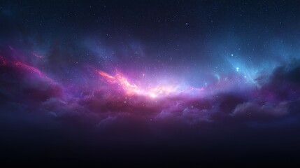 Fototapeta premium Surreal cosmic nebula with glowing pink, purple and blue gas clouds in outer space, scattered stars creating mysterious galaxy atmosphere