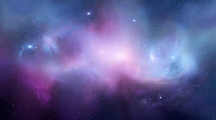 Surreal cosmic nebula with glowing pink, purple and blue gas clouds in outer space, scattered stars creating mysterious galaxy atmosphere