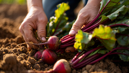 hands grasping freshly harvested red beets, pulling them from dark brown soil