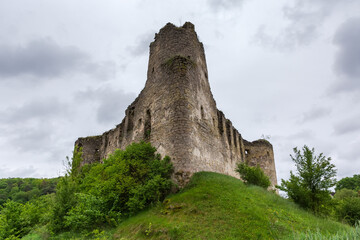 Damaged north stone watchtower of medieval Sydoriv Castle, Ukraine
