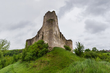 Northern part of abandoned medieval Sydoriv Castle with watchtower, Ukraine