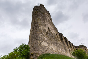 Dilapidated north stone watchtower of medieval Sydoriv Castle, Ukraine