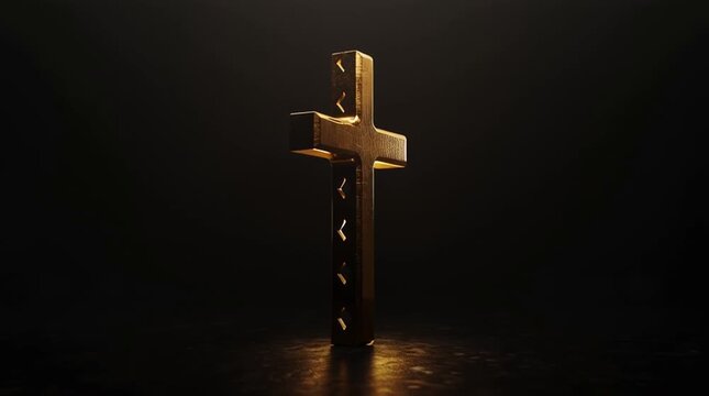 A forged metal cross stands strong against a black background- rotating dramatically. A christian crucifix represents longevity, endurance and strength of spirit and faith. Looping animation.