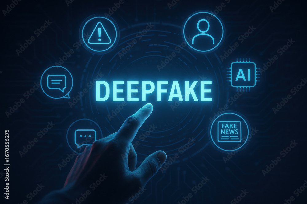 Poster deepfake technology concept with hand pointing at glowing text and icons on screen