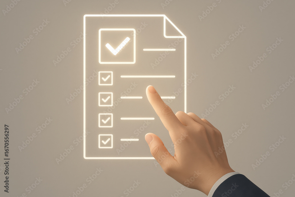 Poster checklist document with hand pointing, task completion concept with glowing icons