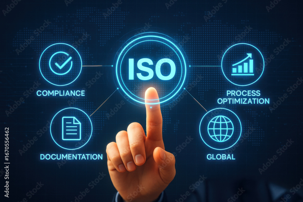 Poster iso compliance process optimization global documentation concept with hand pointing virtual